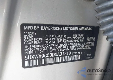 2013 BMW X3 xDrive28I from USA, damaged, VIN 5UXWX9C53D0A31218